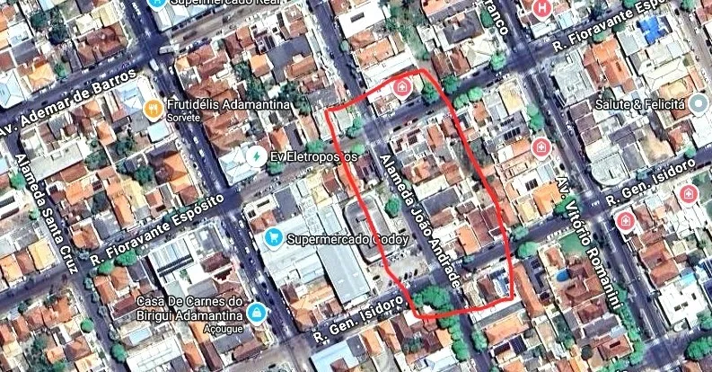 Mapa da área interditada na Alameda João Andrade, entre as ruas Fioravante Esposito e General Isidoro, em Adamantina