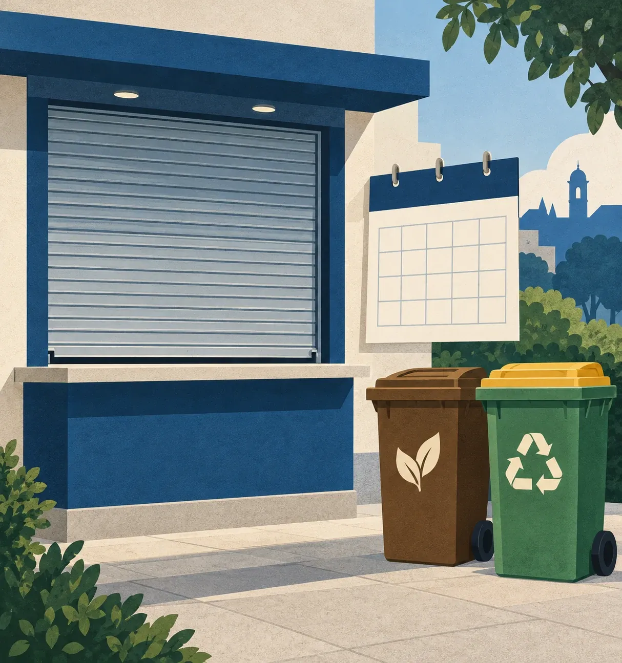 Ilustração de um serviço municipal fechado, um calendário sem datas e recipientes para resíduos orgânicos e recicláveis.